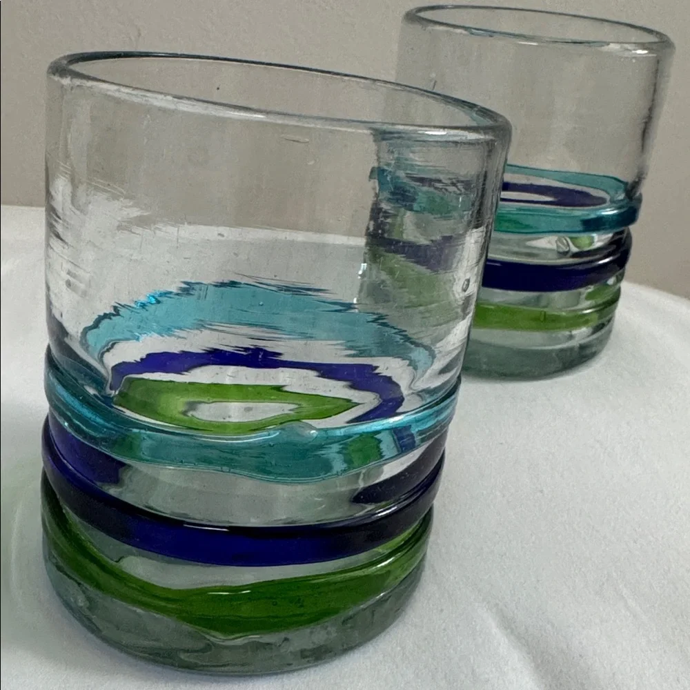 MEXICO HANDBLOWN TUMBLER GLASSES 2 SET STRIPES Cobalt Aqua Green Barware 12 oz